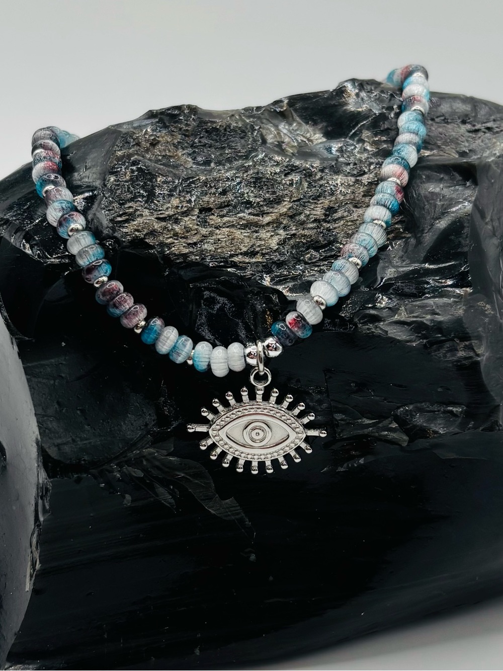*ANKLET* S.Steel Silver Evil Eye & Black Blue Glass Stretchy Anklet